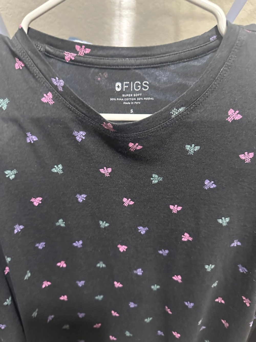 FIGS Black Tee with Pink, Teal & Medical Patterns - Picture 2 of 7